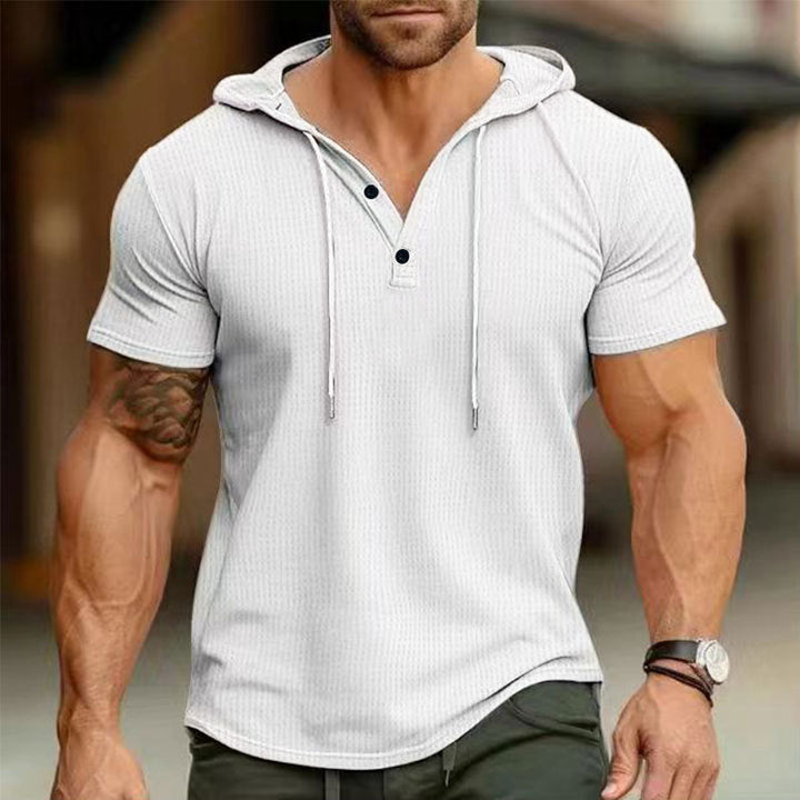 Men's short sleeve hooded polo with three-button placket and fine structured jersey Hudson & Parker