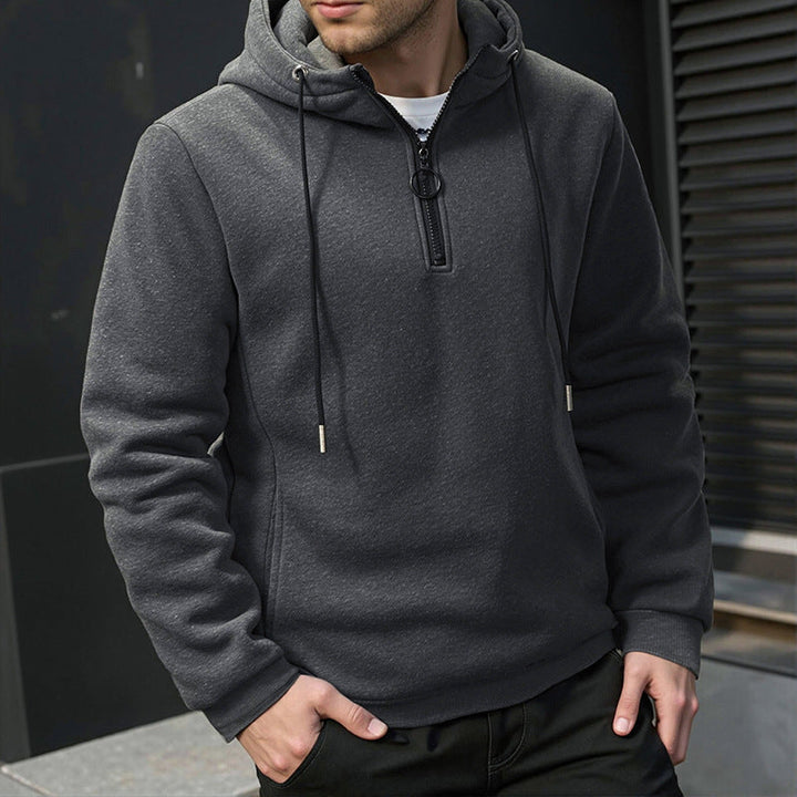 Men's modern sporty-elegant hoodie sweatshirt with front half zip and drawstring Hudson & Parker