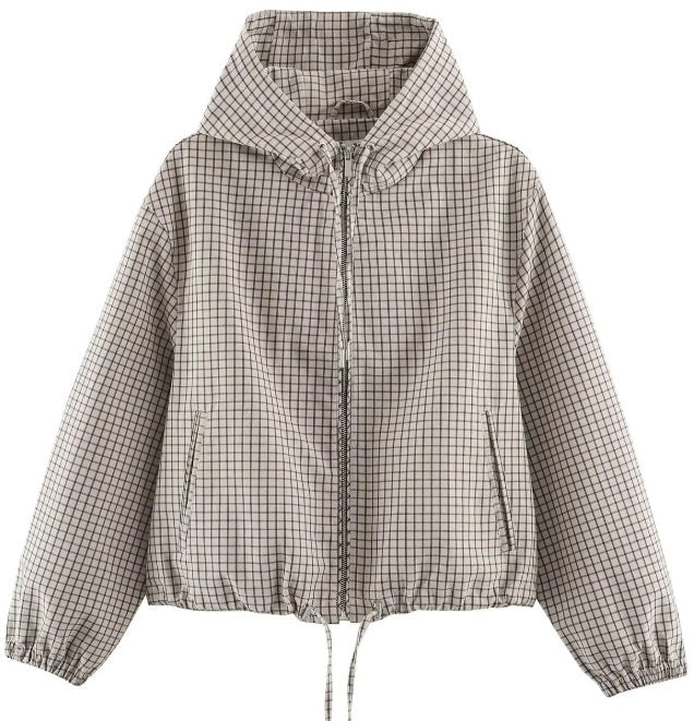 Women Checked Cropped Hoodie with Drawstring Hem and Two-Way Zip Hudson & Parker