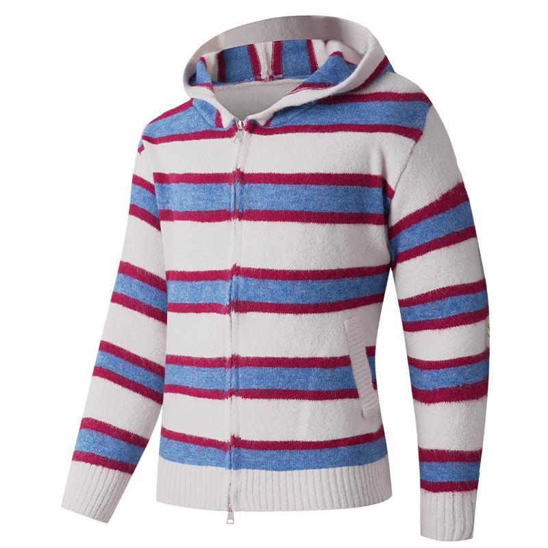Men's Fluffy Hooded Cardigan with Double Zipper, Ribbed Cuffs and Horizontal Striped Pattern Hudson & Parker