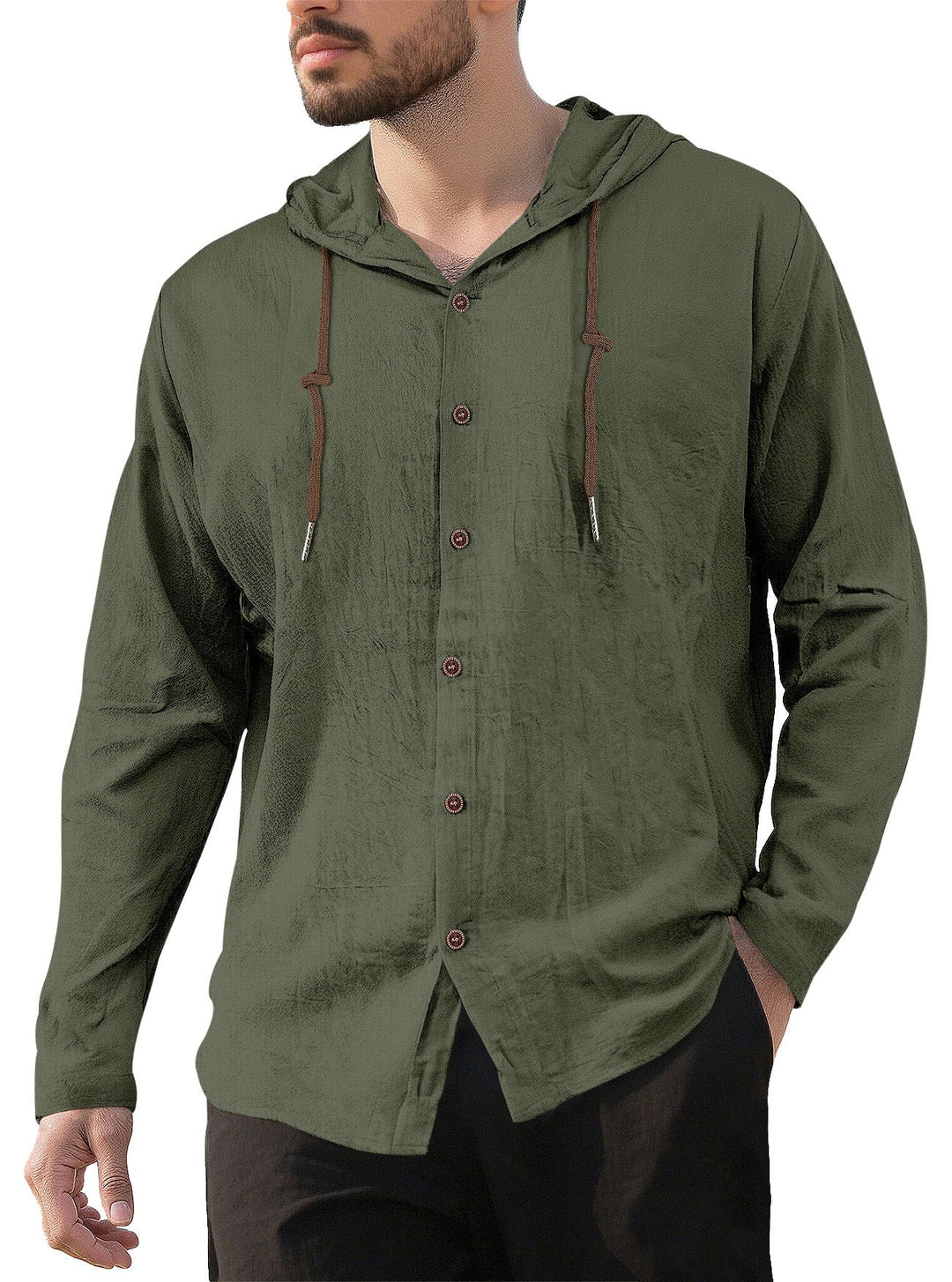 Men's textured linen blend hooded shirt with button placket, wood buttons, and side slits Hudson & Parker