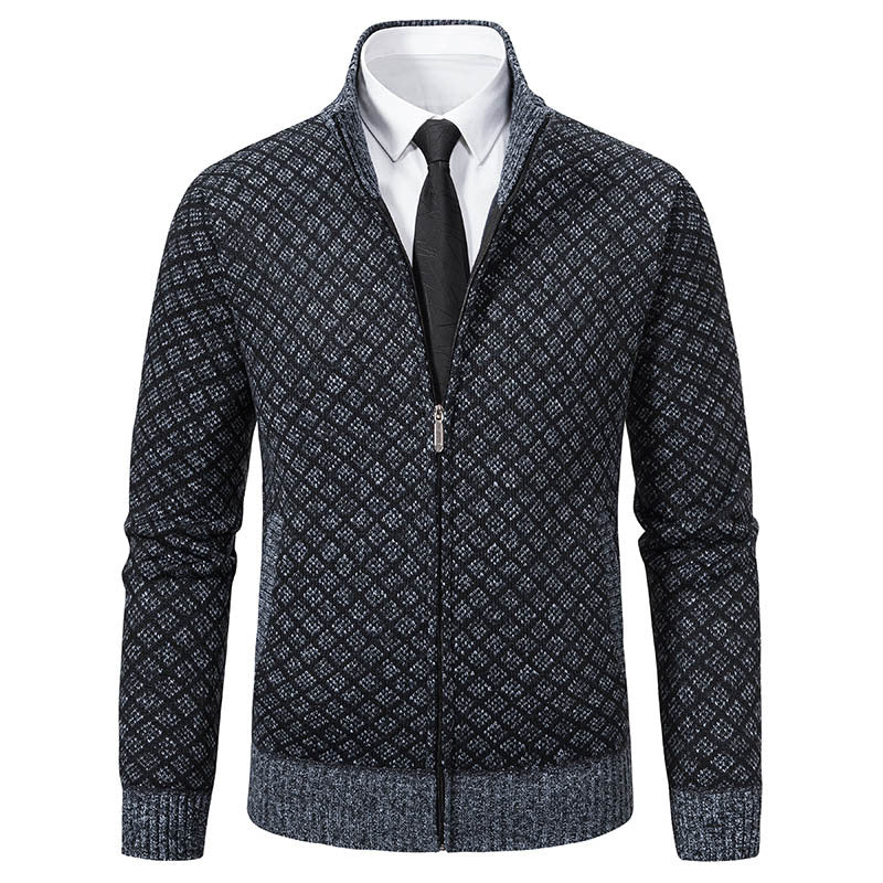 Men's Patterned Knit Zip Jacket with Stand-Up Collar, Jacquard Pattern and Ribbed Cuffs Hudson & Parker