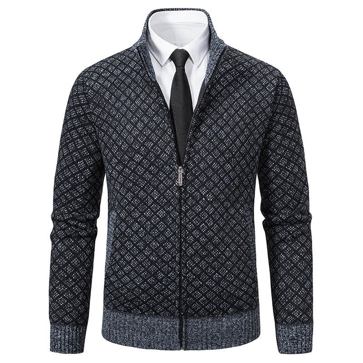 Men's Patterned Knit Zip Jacket with Stand-Up Collar, Jacquard Pattern and Ribbed Cuffs Hudson & Parker