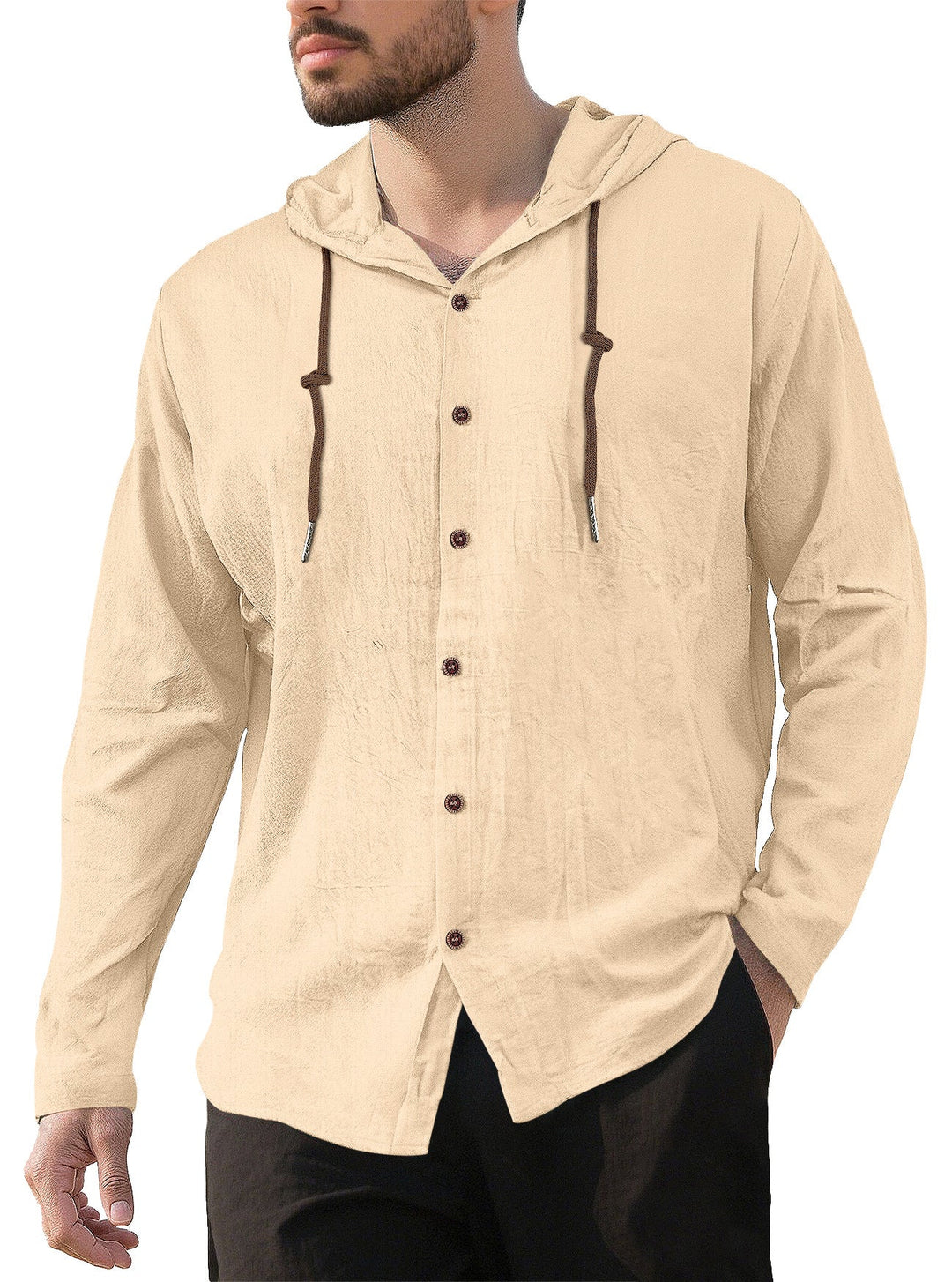 Men's textured linen blend hooded shirt with button placket, wood buttons, and side slits Hudson & Parker