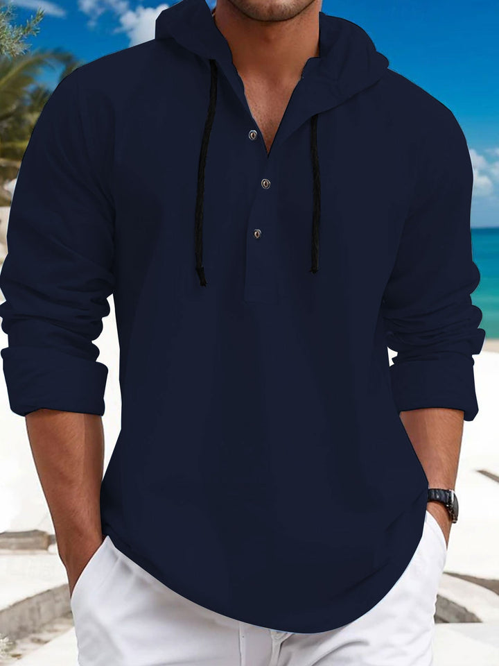 Men's summer hoodie henley with hidden button placket, drawstring and rounded hem Hudson & Parker