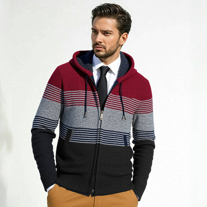 Men's hooded knit zip jacket with gradient block stripe pattern and thermal structure Hudson & Parker