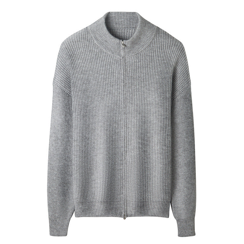 Men's Cozy Zip Sweater made of Mohair Blend with Fine Rib Structure and Stand-Up Collar Hudson & Parker