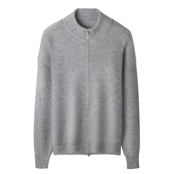 Men's Cozy Zip Sweater made of Mohair Blend with Fine Rib Structure and Stand-Up Collar Hudson & Parker