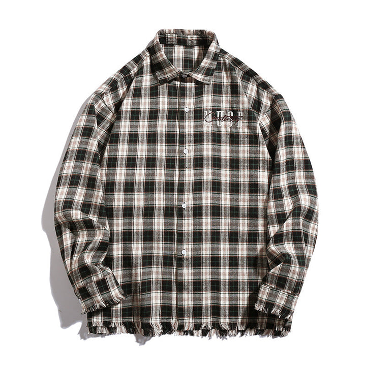 Unisex Overshirt in check look with fringed hem, chest embroidery and button placket Hudson & Parker