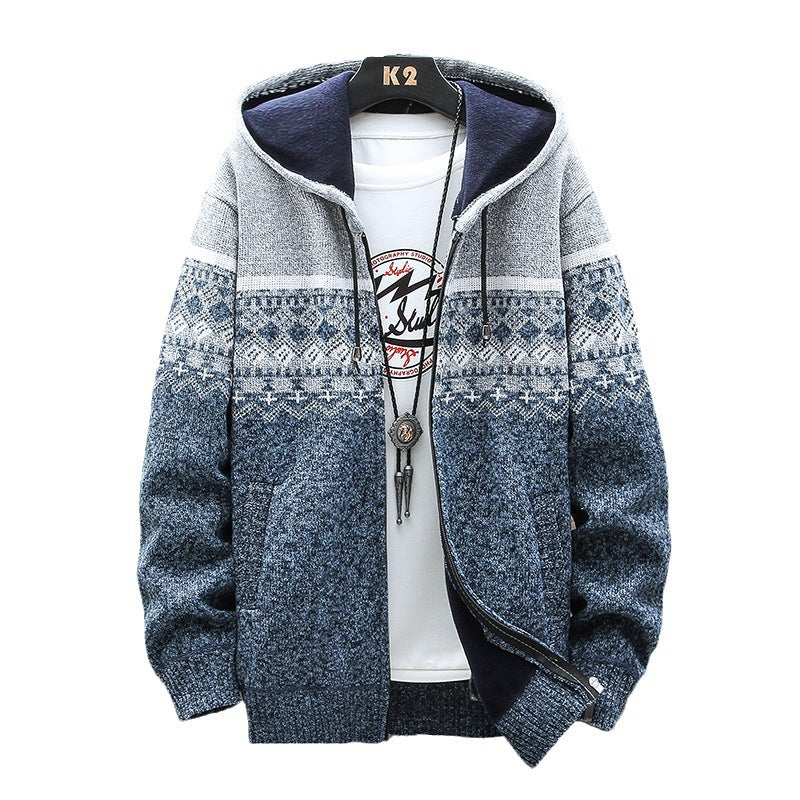 Men's Hooded Knitted Zip Jacket with Norwegian Jacquard and Soft Lining Hudson & Parker