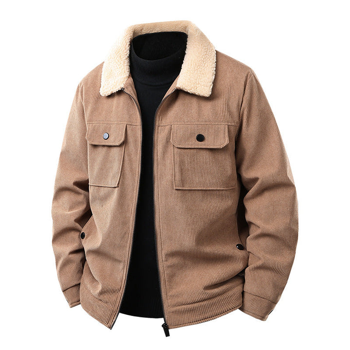Men's cord work jacket with sherpa collar, concealed zipper, and multi-pocket chest pockets Hudson & Parker
