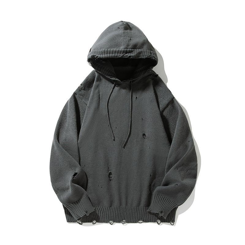 Unisex Oversize Knit Hoodie in Destroyed Look Hudson & Parker