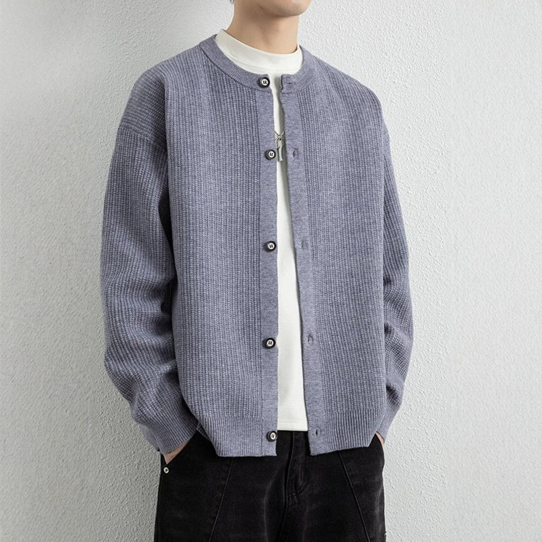 Men's Loose-Fit Structured Knit Cardigan with Round Neck and Button Placket Hudson & Parker