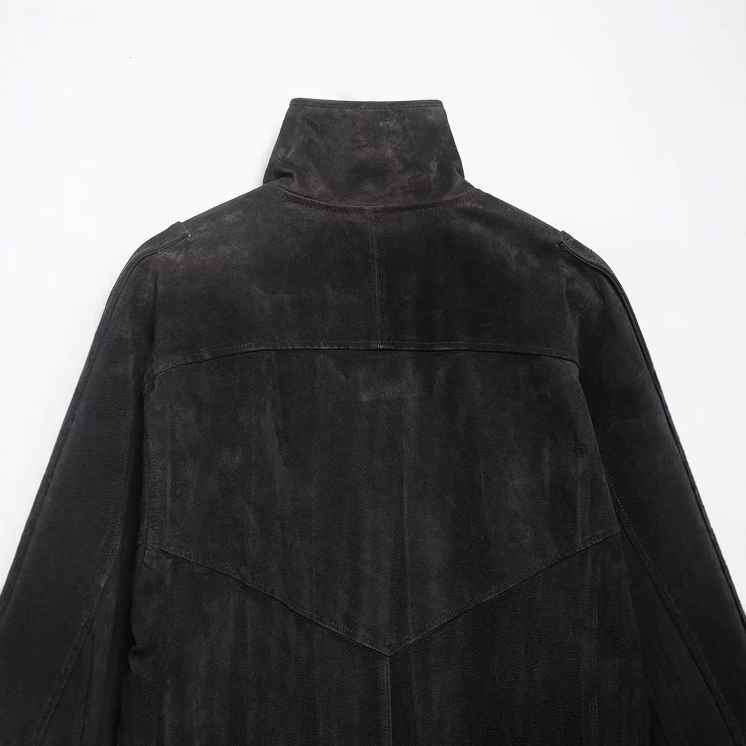 Men's suede jacket with high stand collar, asymmetrical button placket, and elastic hem Hudson & Parker