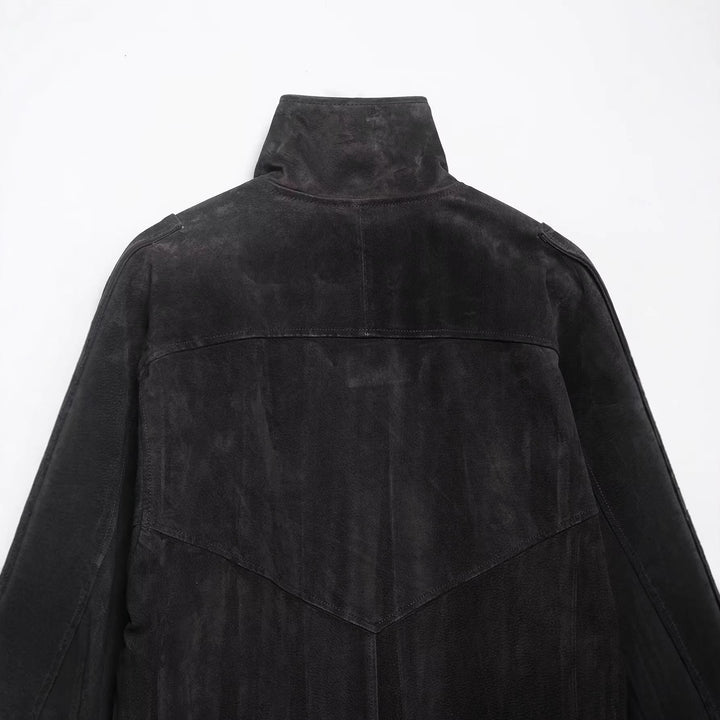 Men's suede jacket with high stand collar, asymmetrical button placket, and elastic hem Hudson & Parker