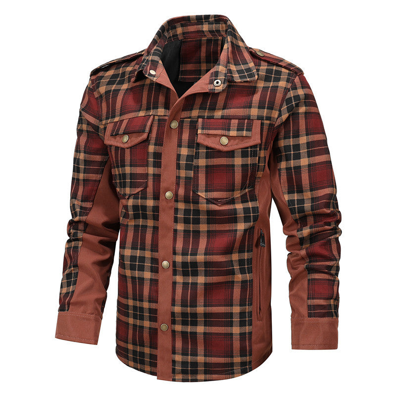 Men's Checked Shirt Jacket in Field Style with Epaulettes, Chest Flaps, and Reinforced Side Panels Hudson & Parker