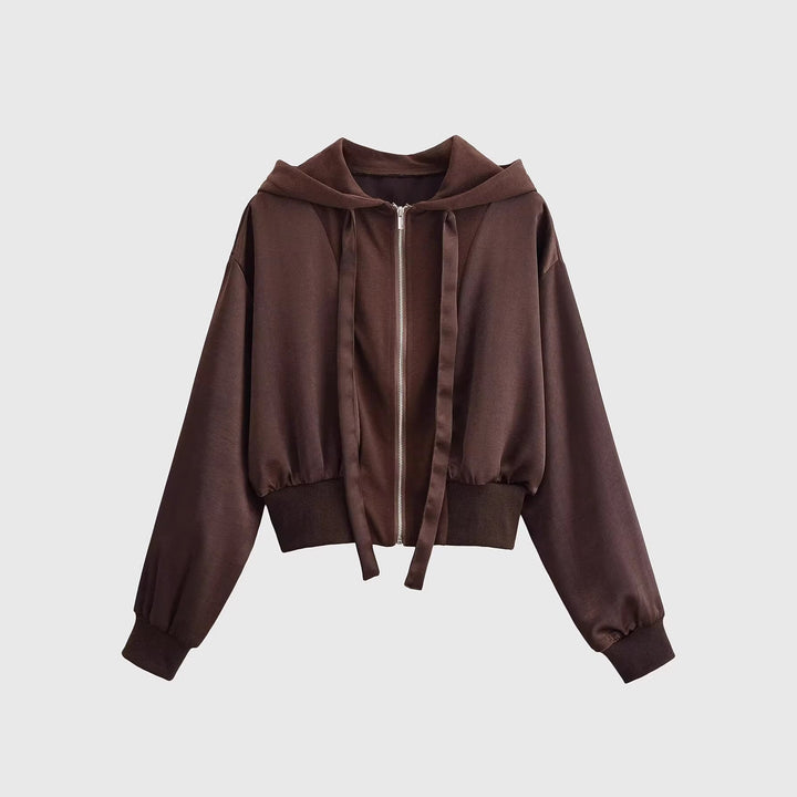 Women's Cropped Hooded Jacket with Zipper, Oversized Sleeves and Wide Ribbed Hem Hudson & Parker
