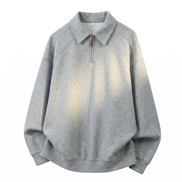 Unisex Relaxed Sweatshirt in Polo Look with Polo Collar, Short Zipper and Raglan Sleeves Hudson & Parker