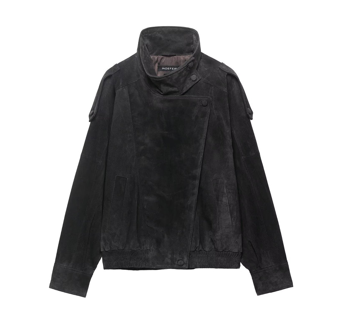 Men's suede jacket with high stand collar, asymmetrical button placket, and elastic hem Hudson & Parker