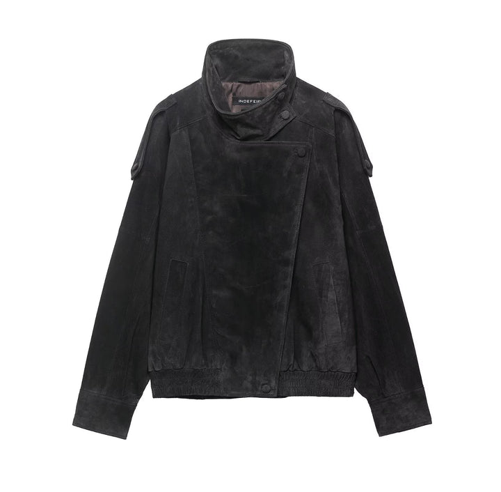 Men's suede jacket with high stand collar, asymmetrical button placket, and elastic hem Hudson & Parker