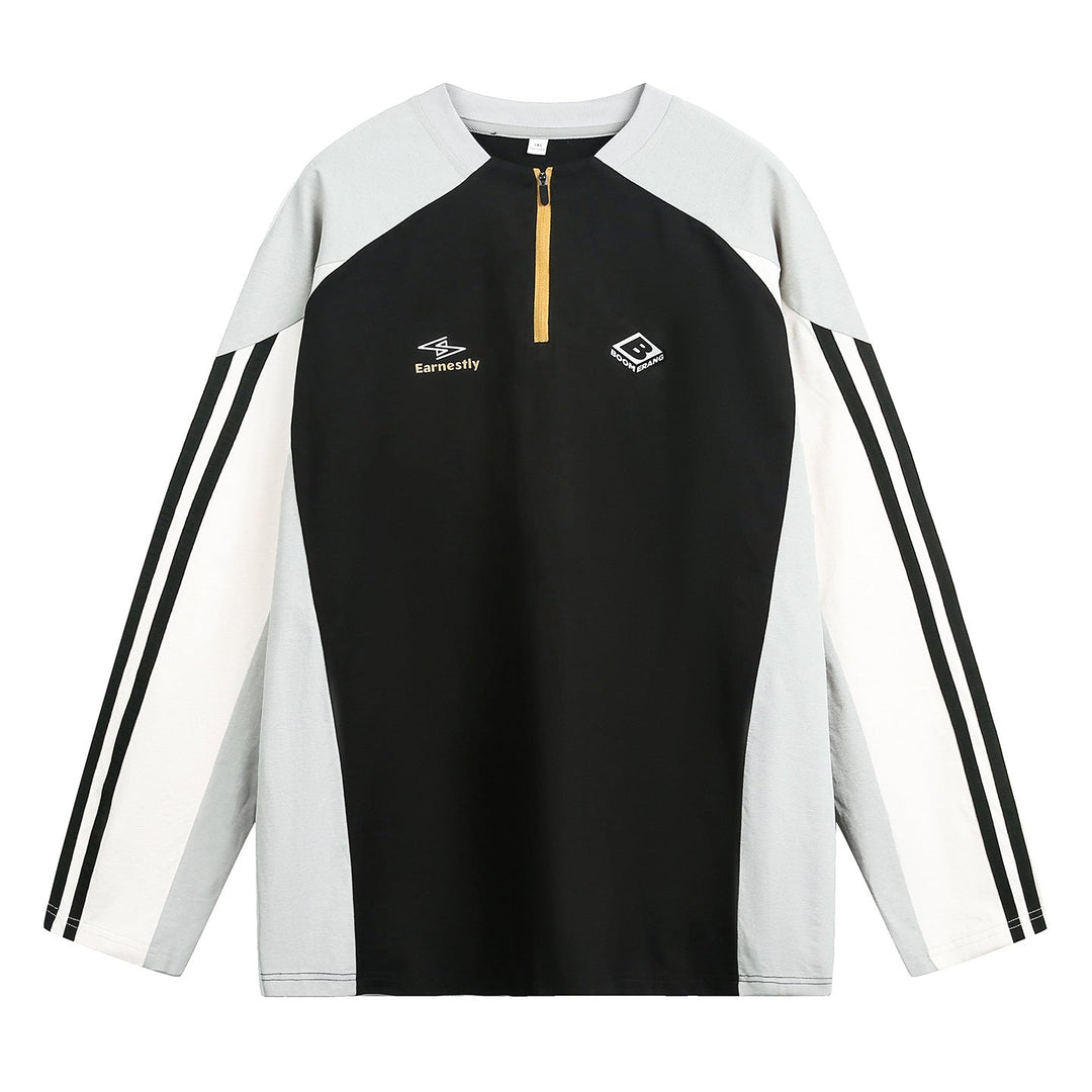 Unisex sporty oversized half-zip sweatshirt in retro track style with contrast panels and three-stripe sleeves Hudson & Parker