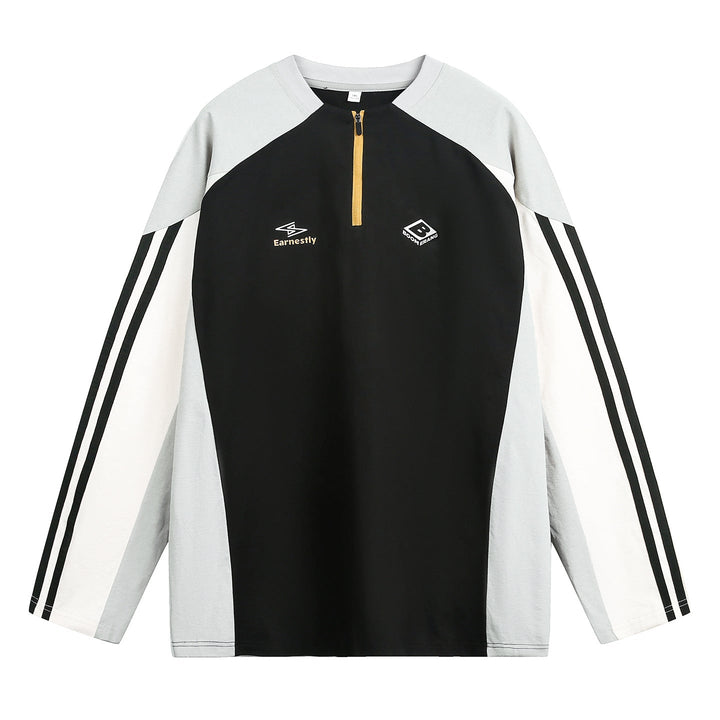 Unisex sporty oversized half-zip sweatshirt in retro track style with contrast panels and three-stripe sleeves Hudson & Parker