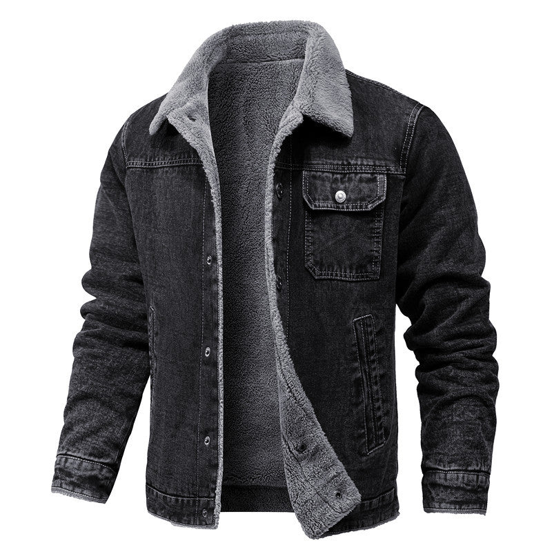 Men's washed denim worker jacket with teddy lining and inset side pockets Hudson & Parker