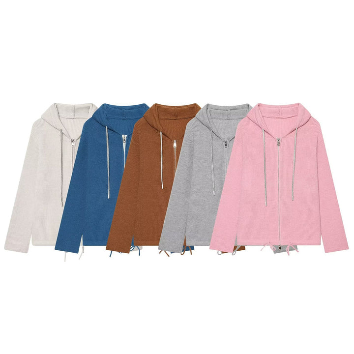 Women's knitted zip-up hoodie with full zip, ribbed texture and drawstring Hudson & Parker