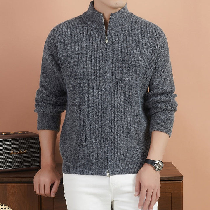 Men's Cozy Zip Sweater made of Mohair Blend with Fine Rib Structure and Stand-Up Collar Hudson & Parker