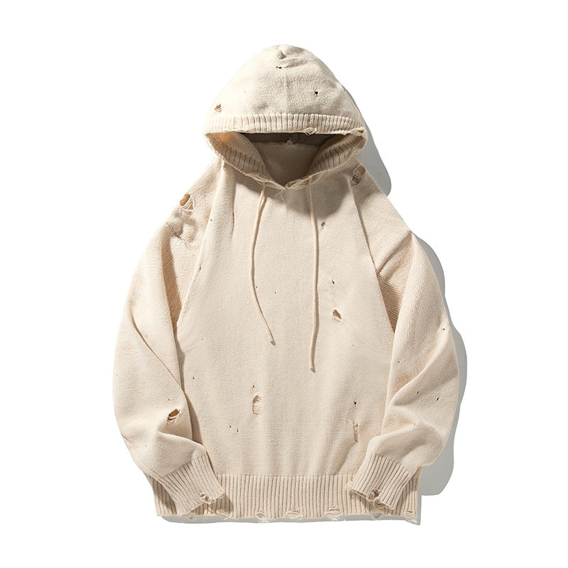 Unisex Oversize Knit Hoodie in Destroyed Look Hudson & Parker