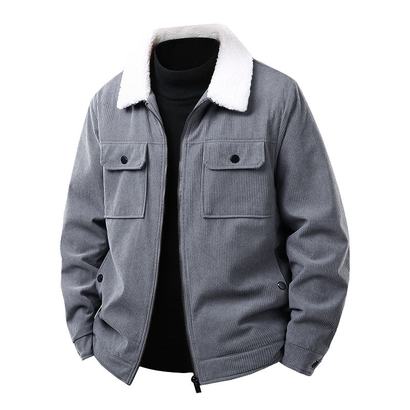 Men's cord work jacket with sherpa collar, concealed zipper, and multi-pocket chest pockets Hudson & Parker