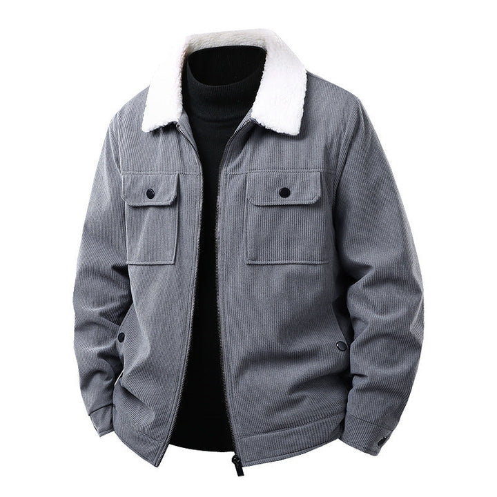 Men's cord work jacket with sherpa collar, concealed zipper, and multi-pocket chest pockets Hudson & Parker