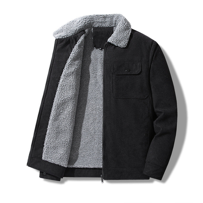 Men's cord work jacket with sherpa collar, concealed zipper, and multi-pocket chest pockets Hudson & Parker