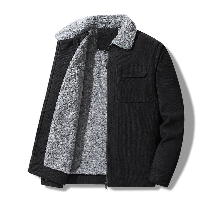 Men's cord work jacket with sherpa collar, concealed zipper, and multi-pocket chest pockets Hudson & Parker