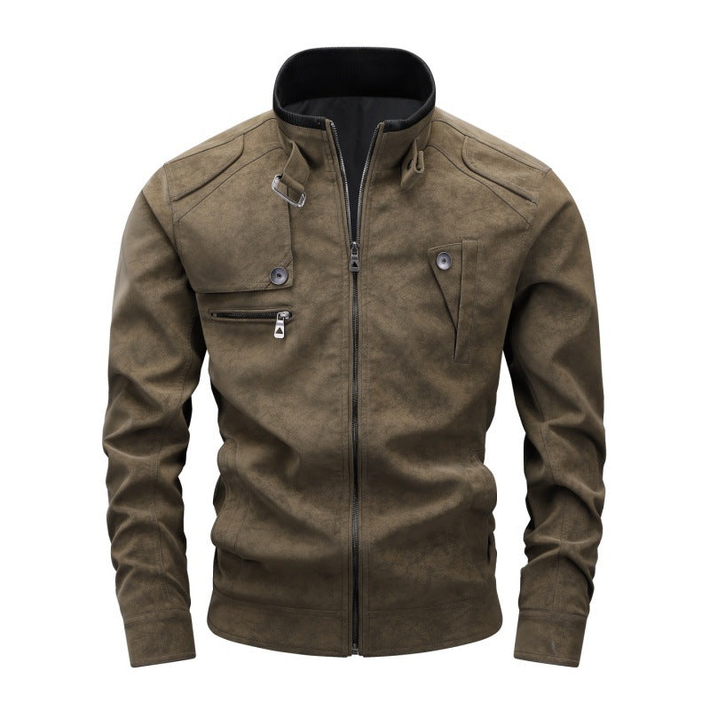 Men's Vintage Utility Faux Leather Jacket with Stand Collar and Multiple Pockets Hudson & Parker