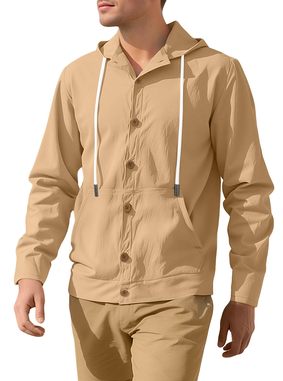 Men's slim-fit hoodie cardigan with full button placket, mounted kangaroo pocket, and lightweight structured knit Hudson & Parker