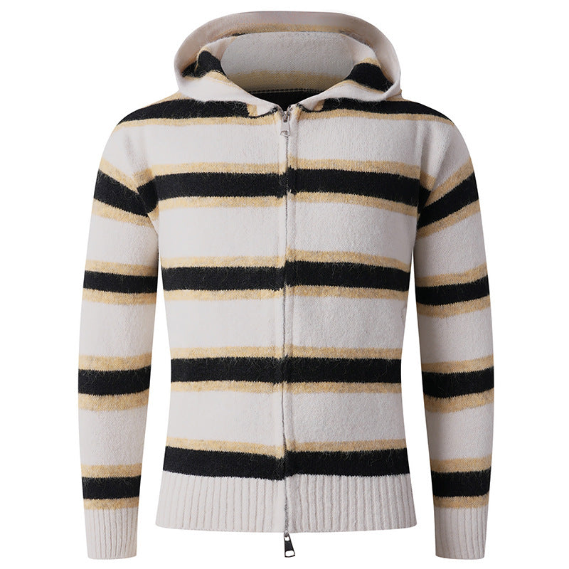 Men's Fluffy Hooded Cardigan with Double Zipper, Ribbed Cuffs and Horizontal Striped Pattern Hudson & Parker