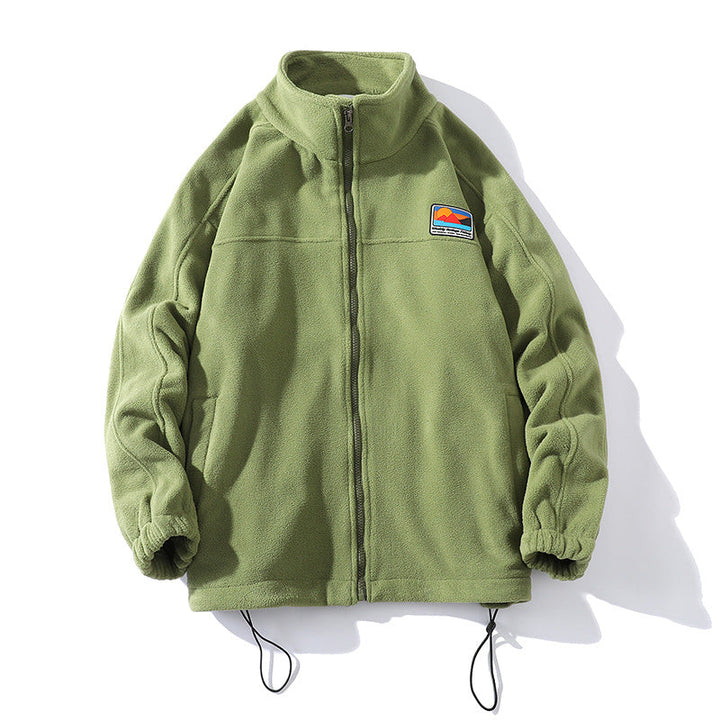 Men's fleece jacket with stand-up collar, full zip, elastic drawstring, and badge patch Hudson & Parker