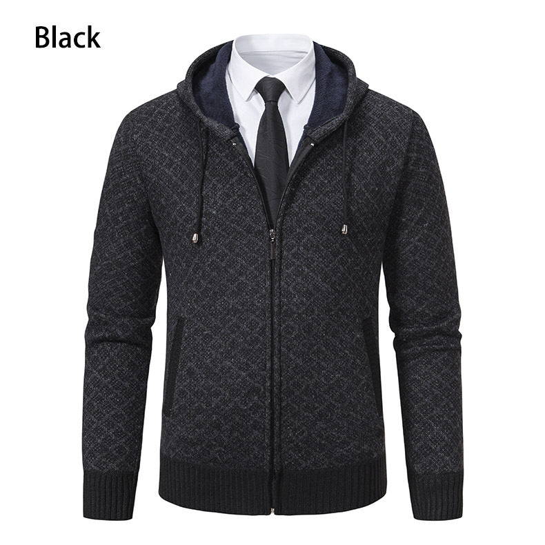 Men's jacquard zip knit jacket with hood and warm fleece lining Hudson & Parker