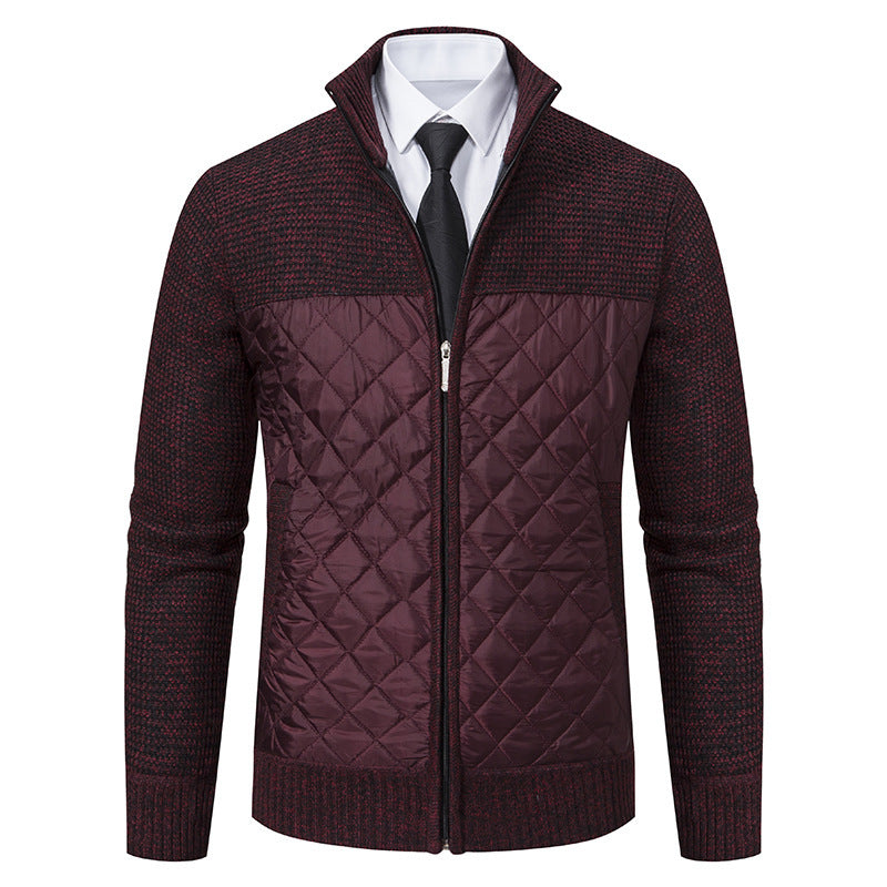 Men's hybrid knit jacket with quilted front panel, stand collar, and full zip Hudson & Parker