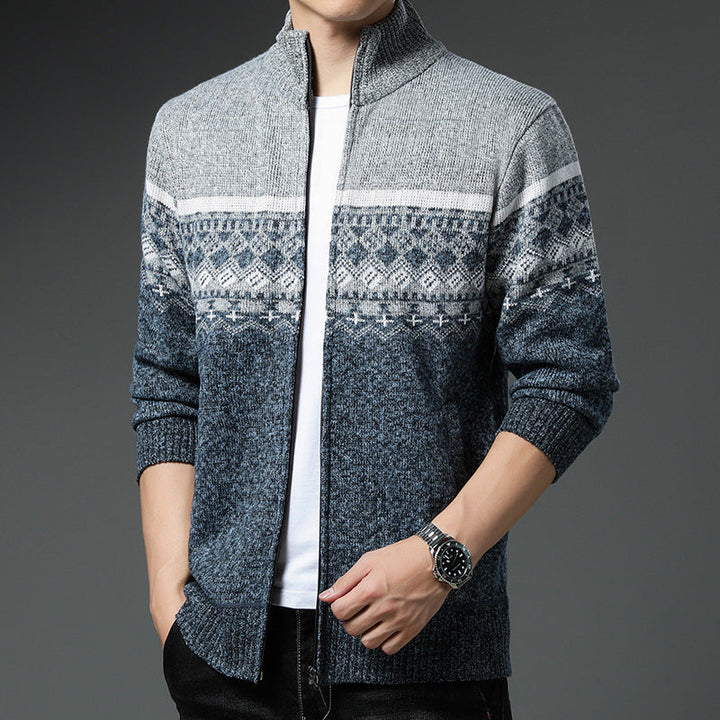 Men's Norwegian Pattern Cardigan with Full Zip and Stand-Up Collar Hudson & Parker