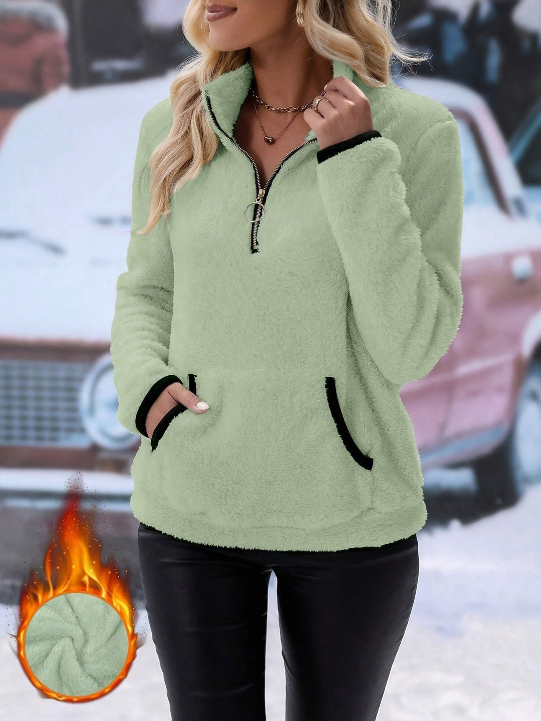Hudson & Parker | Women's Fleece Pullover with Contrasting Pockets and Zipper