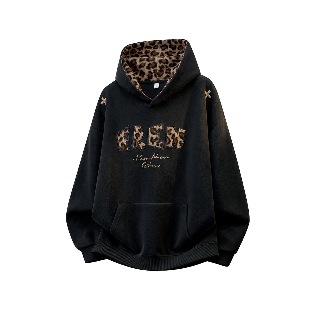 Ladies Oversize Hoodie with Lined Leopard Hood and Application Lettering Hudson & Parker