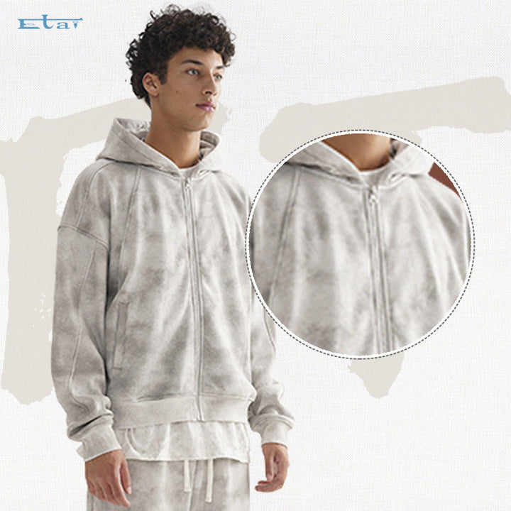 Unisex Short Cut Zip Hoodie made of French Terry with Cloud Dye Effect and Raglan Seams Hudson & Parker