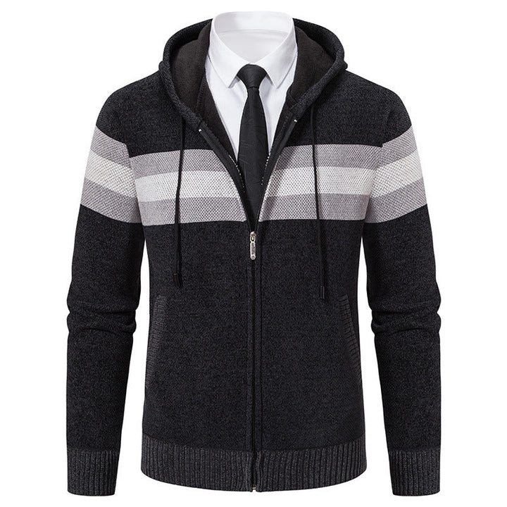 Men's Knitted Hooded Cardigan with Contrast Stripes and Zipper Hudson & Parker