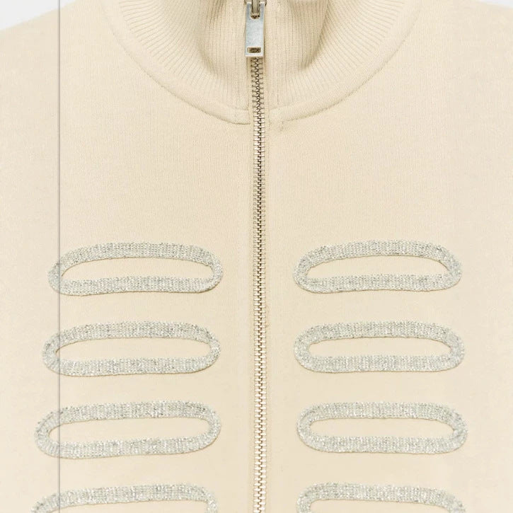 Women's Cropped Sweat Jacket with Stand-Up Collar and Decorative Cord Trim Hudson & Parker