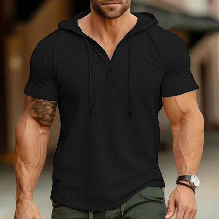Men's short sleeve hooded polo with three-button placket and fine structured jersey Hudson & Parker