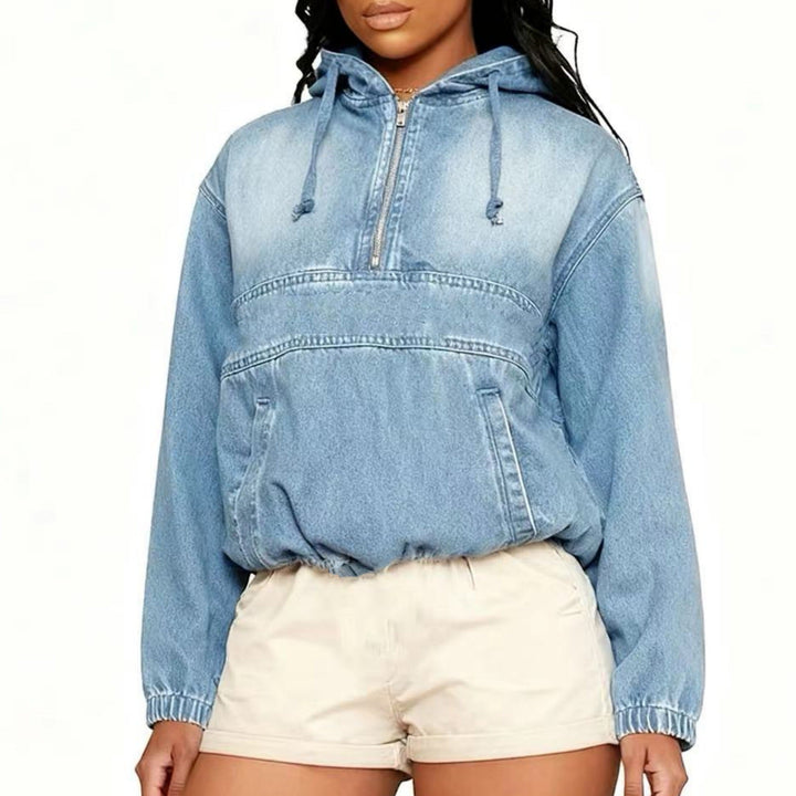 Women's Jeans Hoodie with Half Zip, Hood and Elastic Hem Hudson & Parker