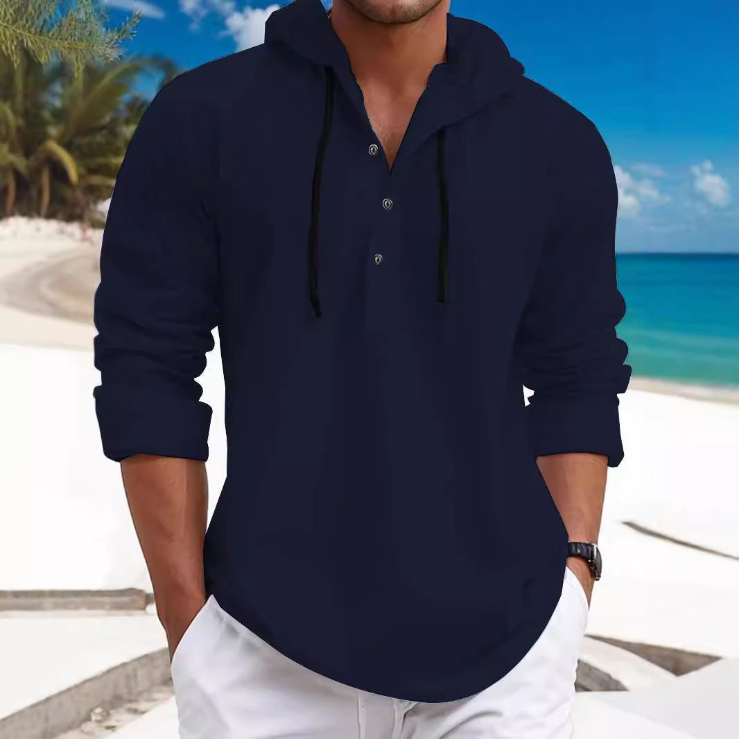 Men's summer hoodie henley with hidden button placket, drawstring and rounded hem Hudson & Parker