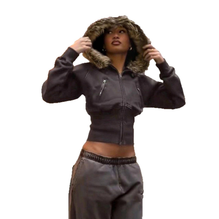 Women's short cut hoodie with faux fur hood, zipper and fitted cuff Hudson & Parker